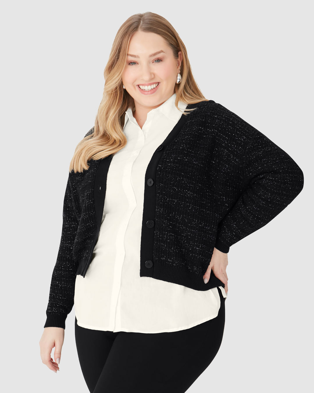 Cardigan Amplo Feminino Plus Size em Tricô Lurex