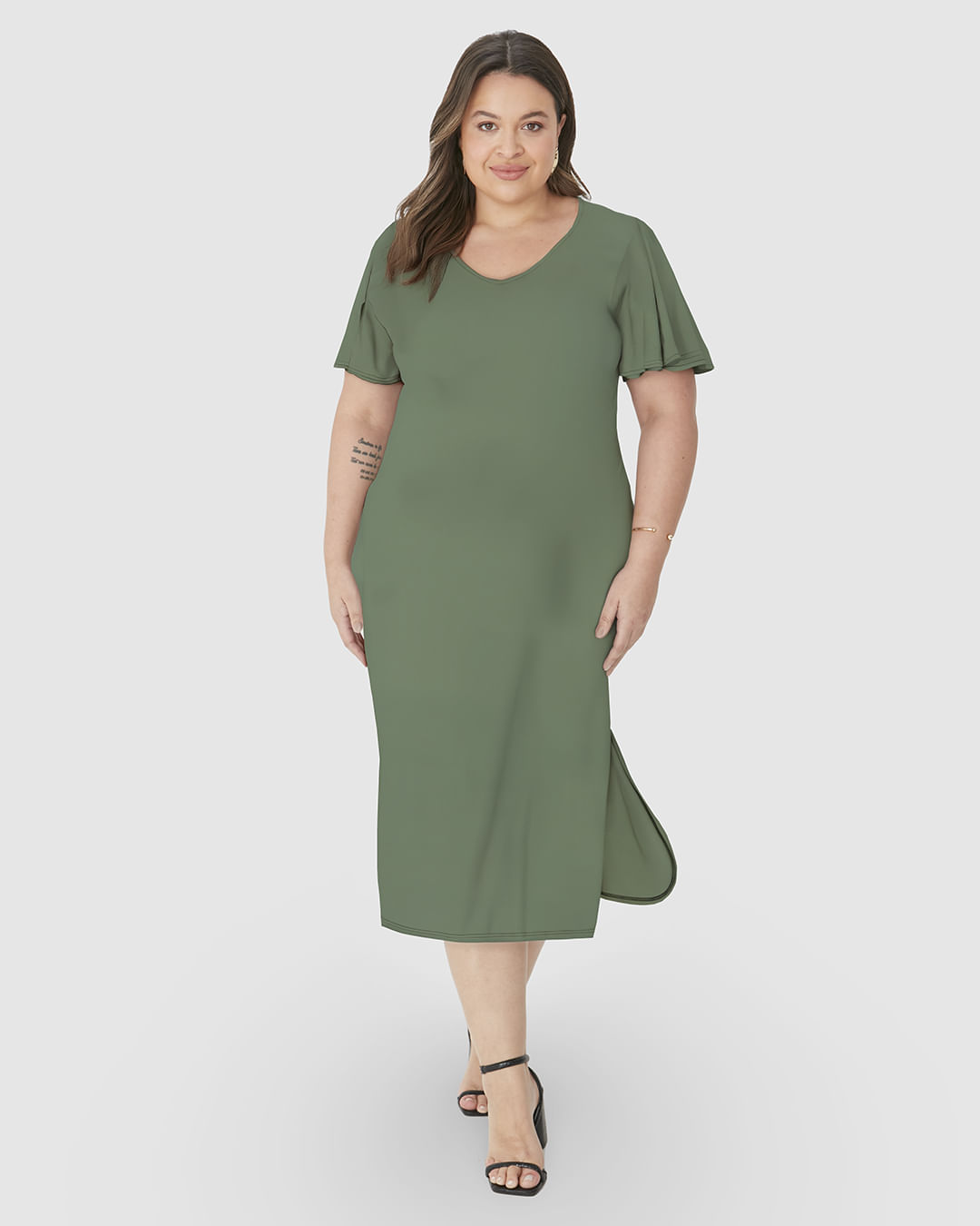 Vestido Midi Feminino Plus Size Fenda Lateral Em Malha Viscolinho Stretch - Imagem 6
