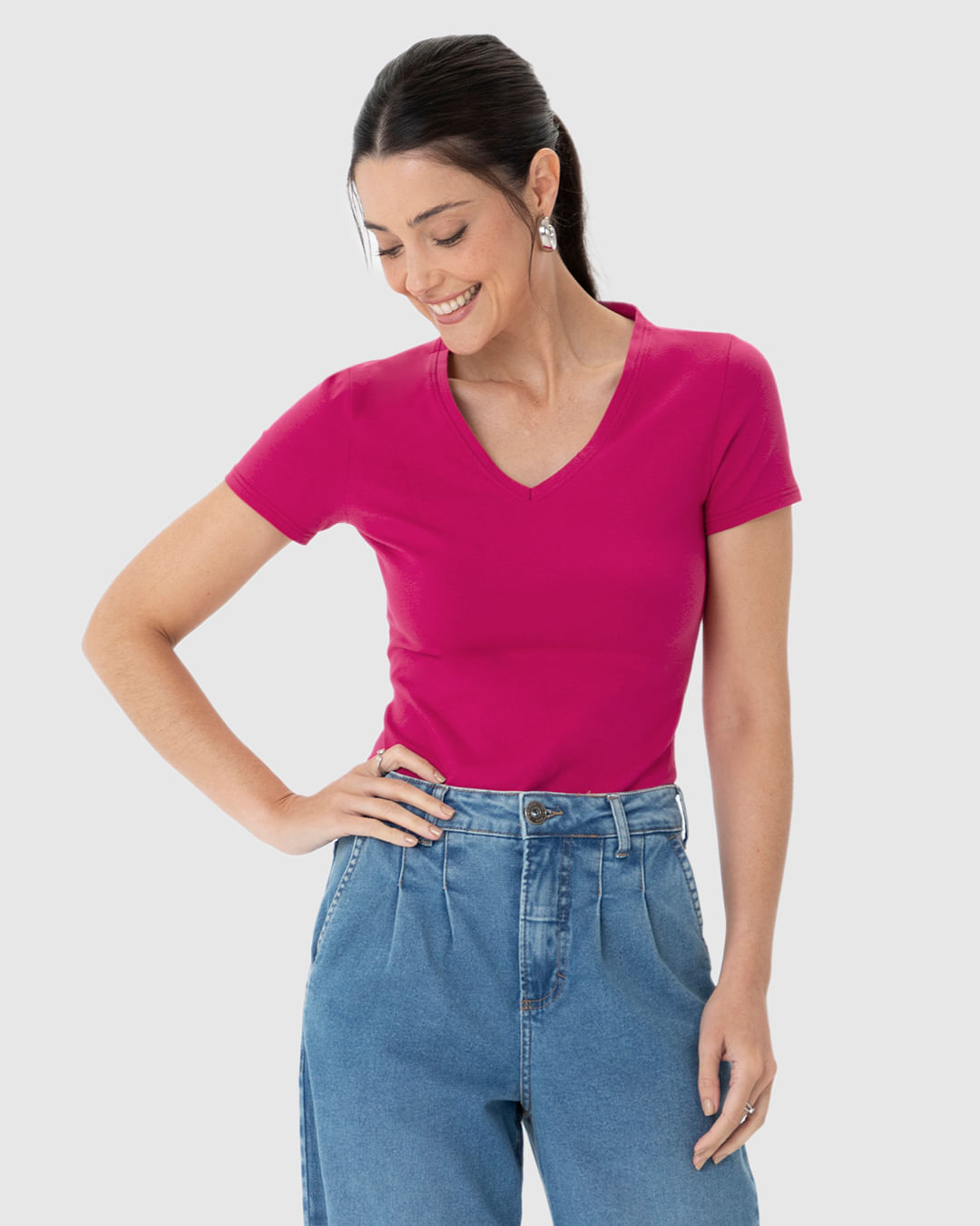 Blusa Básica Feminina Decote V Em Algodão