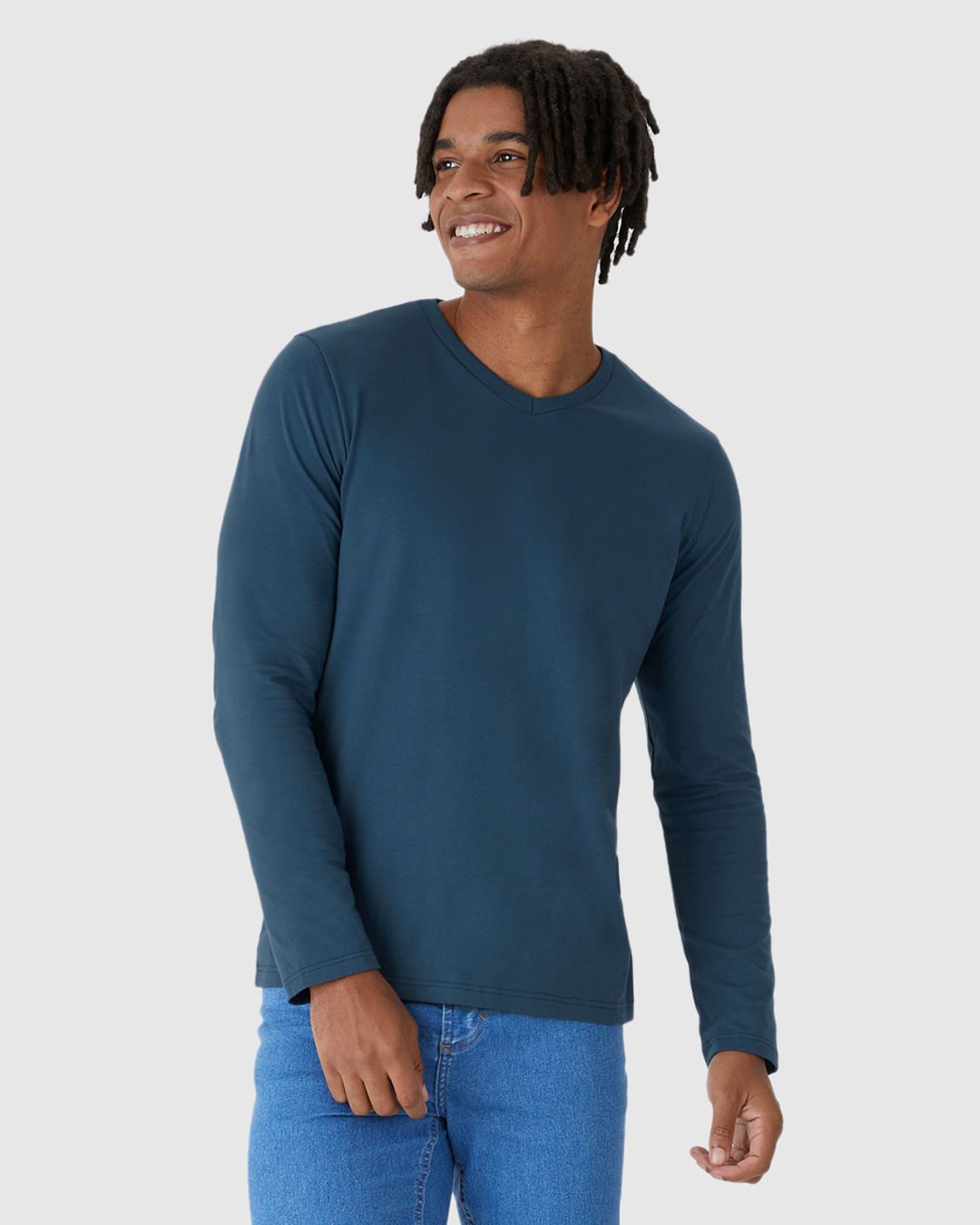 Camiseta Básica Masculina Decote V Manga Longa Em Algodão