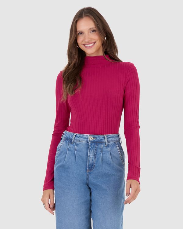 Blusa Básica Feminina Gola Alta Em Malha Canelada De Viscose Rosa - P
