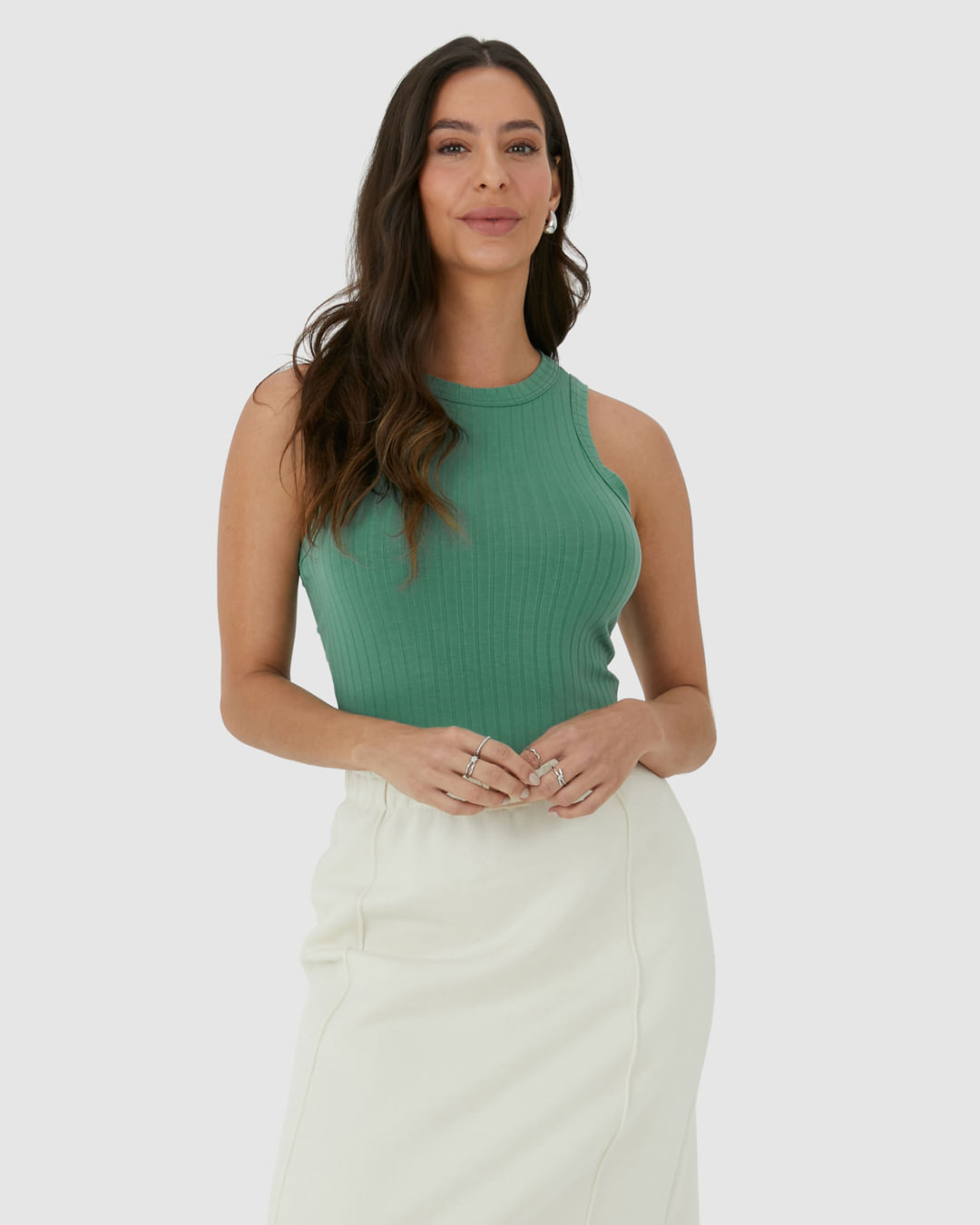 Regata Básica Feminina Long Cropped Em Malha Canelada De Viscose - Verde - PP