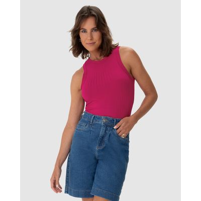 Regata Básica Feminina Long Cropped Em Malha Canelada De Viscose