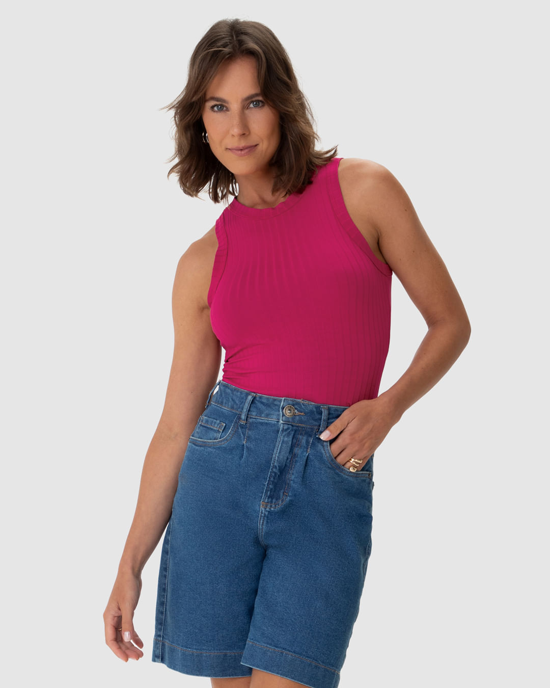 Regata Básica Feminina Long Cropped Em Malha Canelada De Viscose - Rosa - G