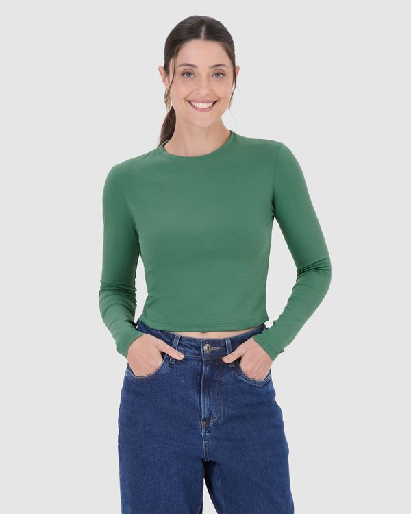 Blusa Cropped Feminina Decote Redondo Manga Longa Em Algodão Verde - G