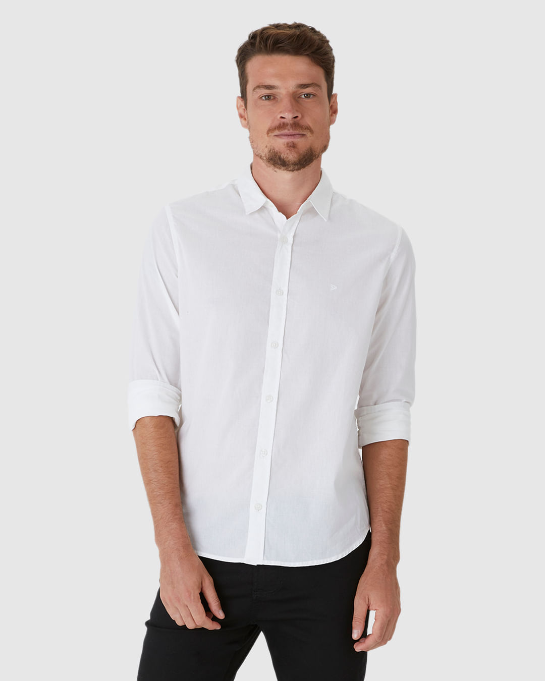 Camisa Masculina Slim Bordado Peitoral Em Algodão Com Elastano