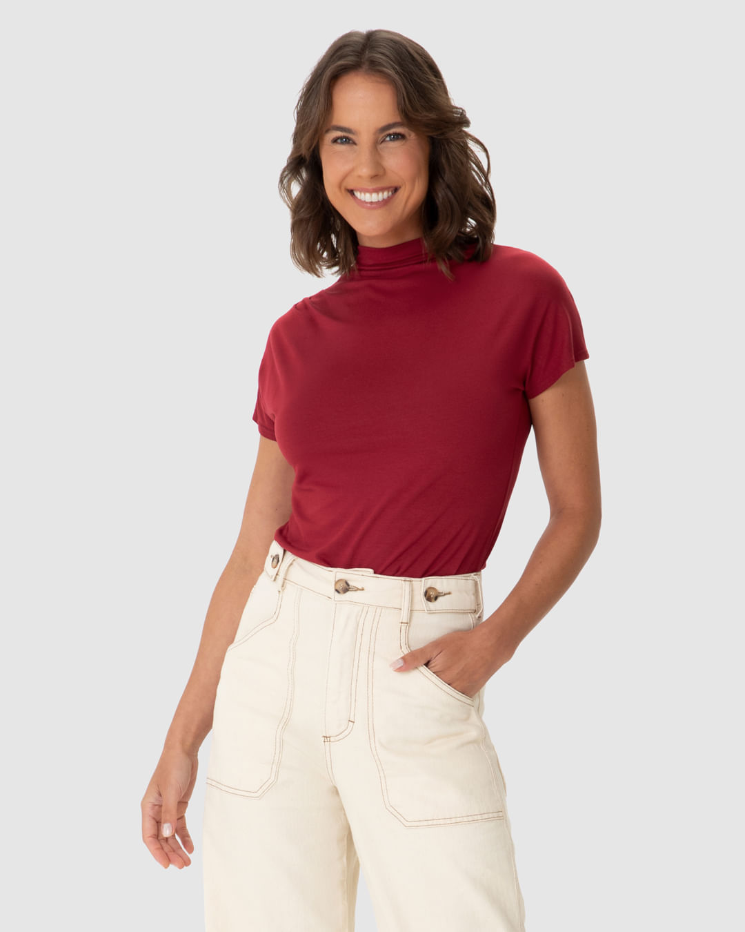 Blusa Feminina Gola Alta Detalhe Pregas No Ombro Em Viscose Stretch - Imagem 16