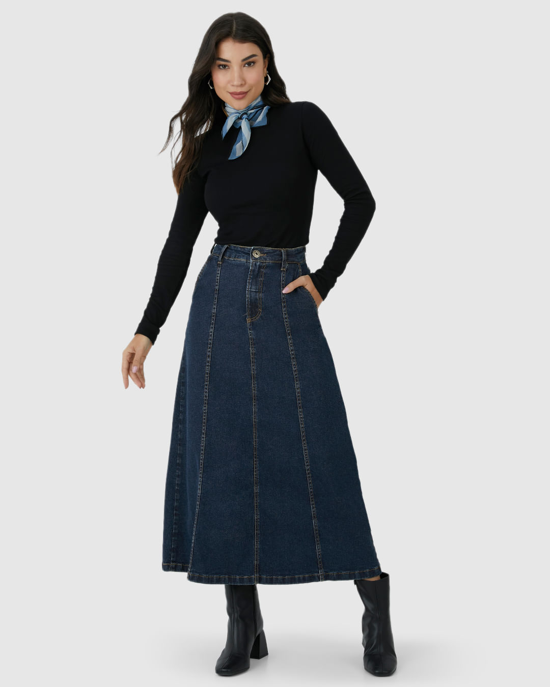 Saia Midi Feminina Evasê Recortes Frontais Em Jeans Com Elastano - Imagem 11