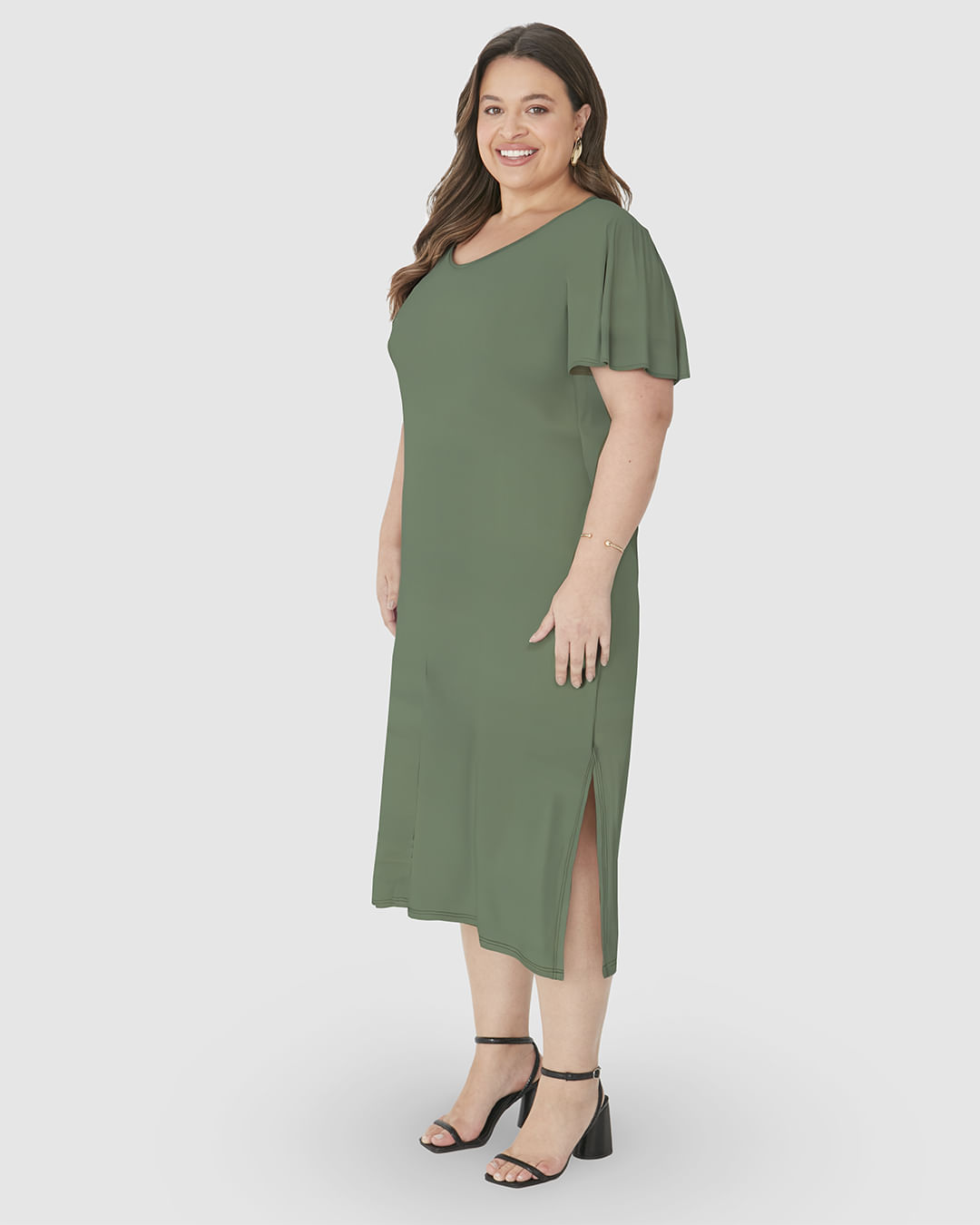 Vestido Midi Feminino Plus Size Fenda Lateral Em Malha Viscolinho Stretch - Imagem 17