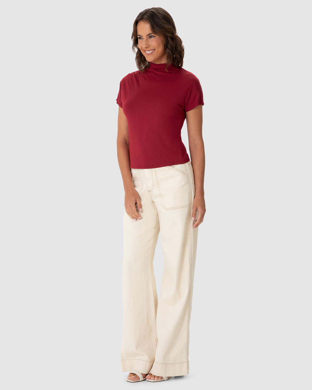 Blusa Feminina Gola Alta Detalhe Pregas No Ombro Em Viscose Stretch - Imagem 7