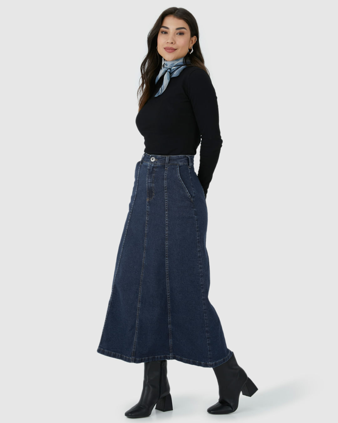 Saia Midi Feminina Evasê Recortes Frontais Em Jeans Com Elastano - Imagem 2