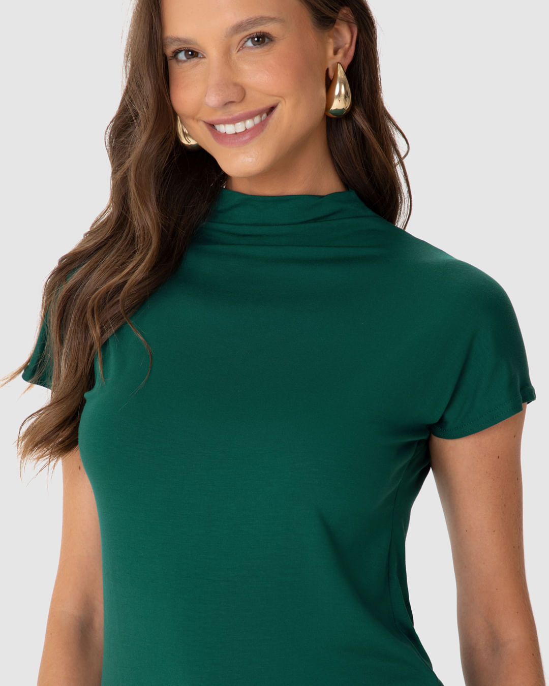 Blusa Feminina Gola Alta Detalhe Pregas No Ombro Em Viscose Stretch - Imagem 8