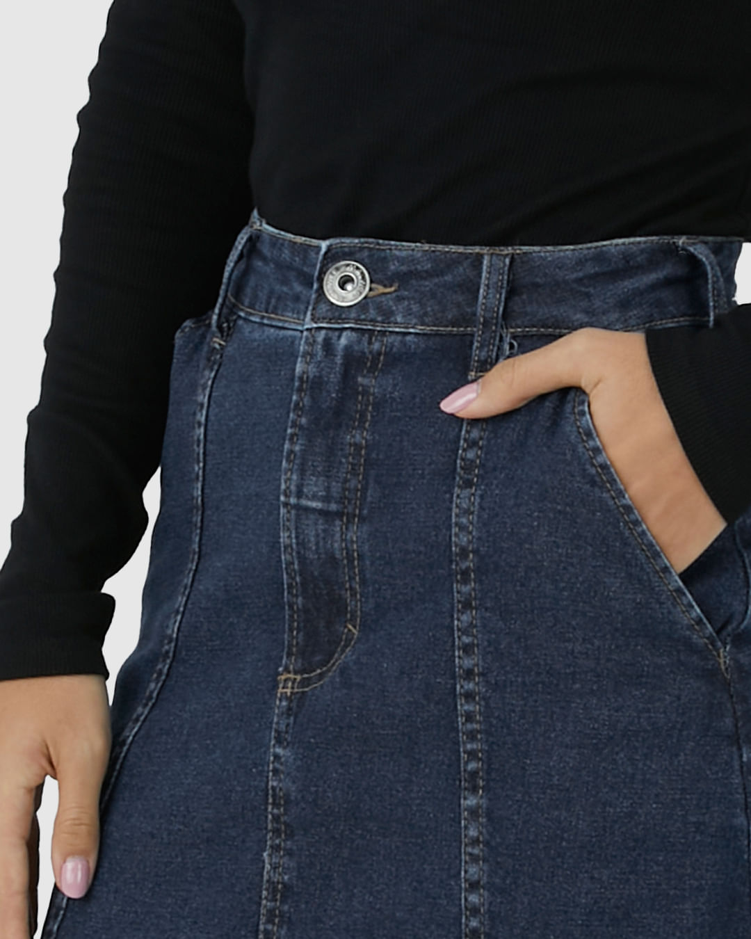 Saia Midi Feminina Evasê Recortes Frontais Em Jeans Com Elastano - Imagem 28