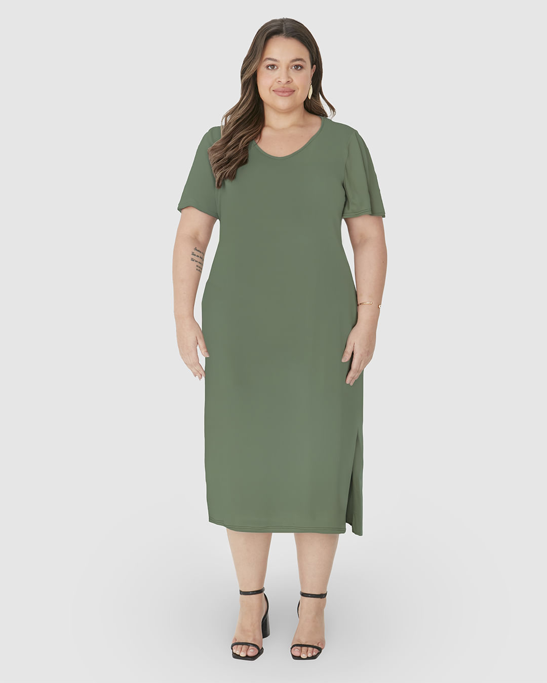 Vestido Midi Feminino Plus Size Fenda Lateral Em Malha Viscolinho Stretch - Imagem 14