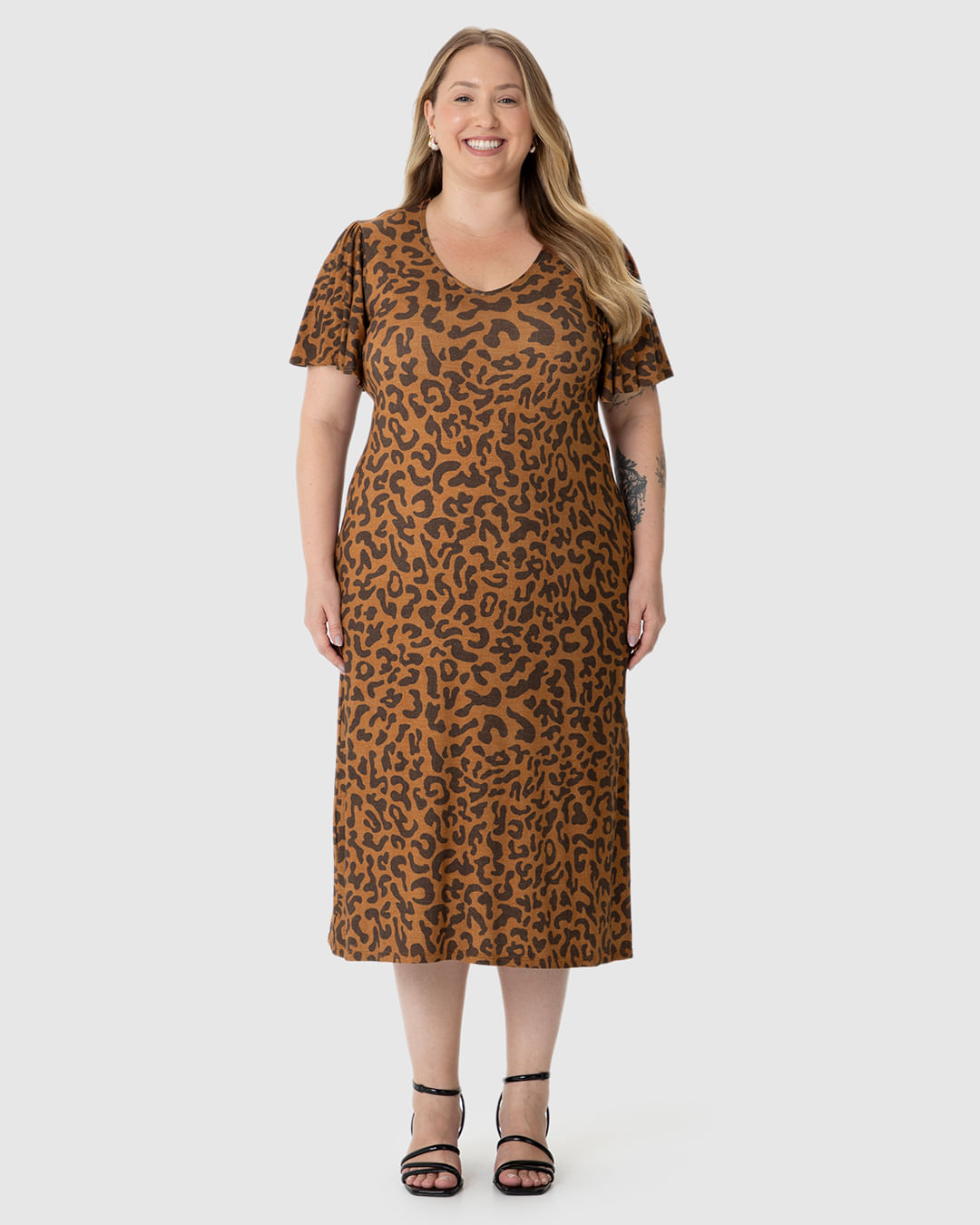 Vestido Midi Feminino Plus Size Fenda Lateral Em Malha Viscolinho Stretch - Imagem 14