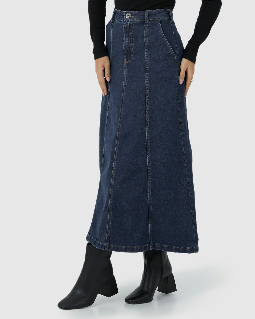 Saia Midi Feminina Evasê Recortes Frontais Em Jeans Com Elastano - Imagem 29