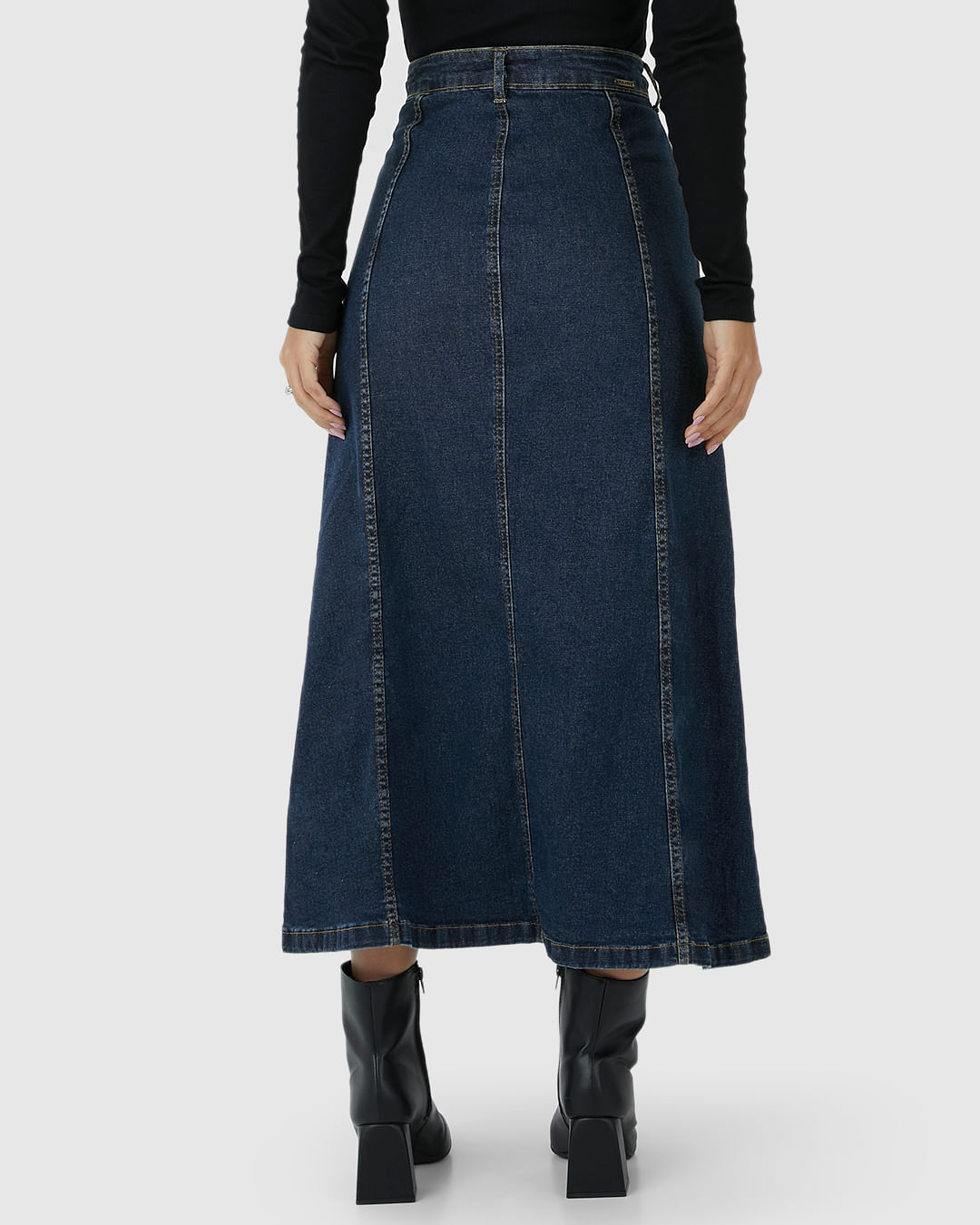 Saia Midi Feminina Evasê Recortes Frontais Em Jeans Com Elastano - Imagem 25