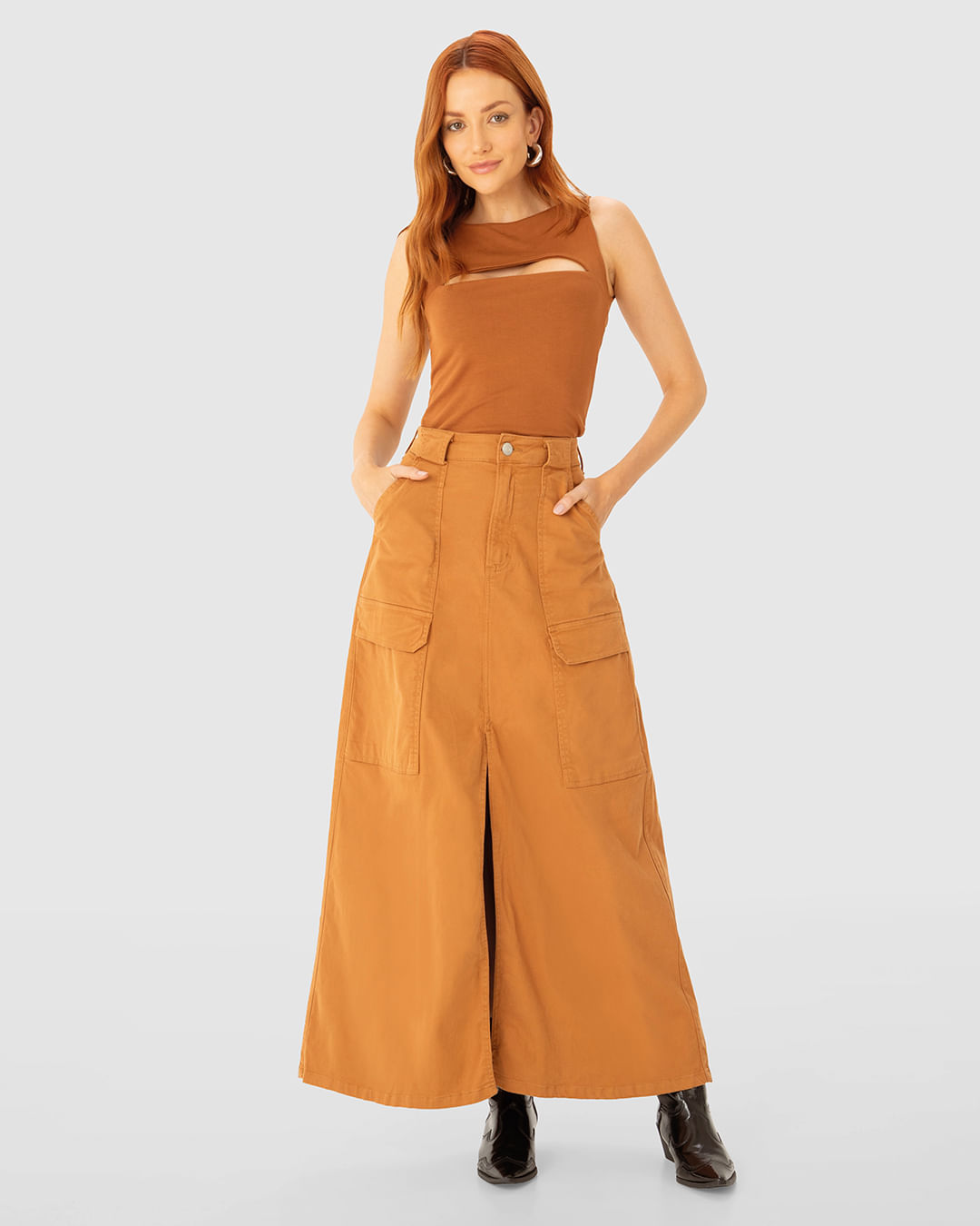 Saia Midi Feminina Cargo Fenda Frontal Em Sarja Com Elastano - ENFIM - Imagem 10