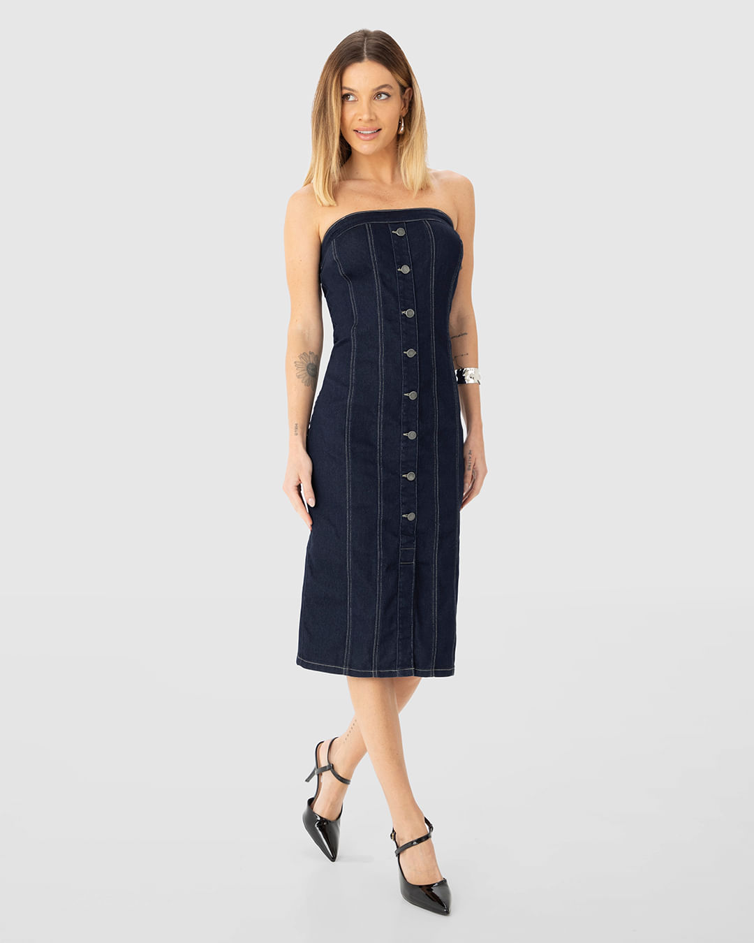 Vestido Midi Feminino Sem Alças Em Jeans Com Elastano - ENFIM - Imagem 13