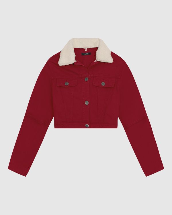Jaqueta Cropped Feminina Gola Pelo Removível Em Sarja Com Elastano - ENFIM Vermelho - M