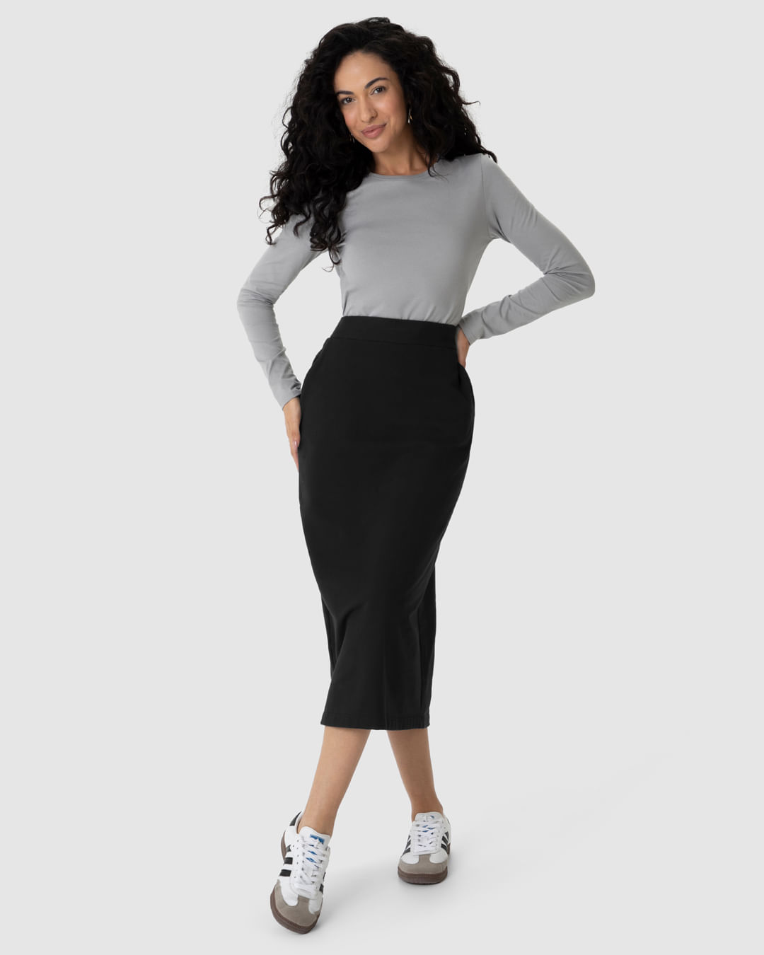 Saia Midi Feminina Fenda Costas Em Moletom Stretch Flanelado