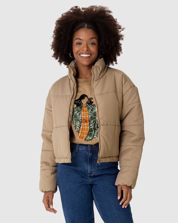 Jaqueta Puffer Feminina Cropped Gola Alta Em Nylon Marrom - GG