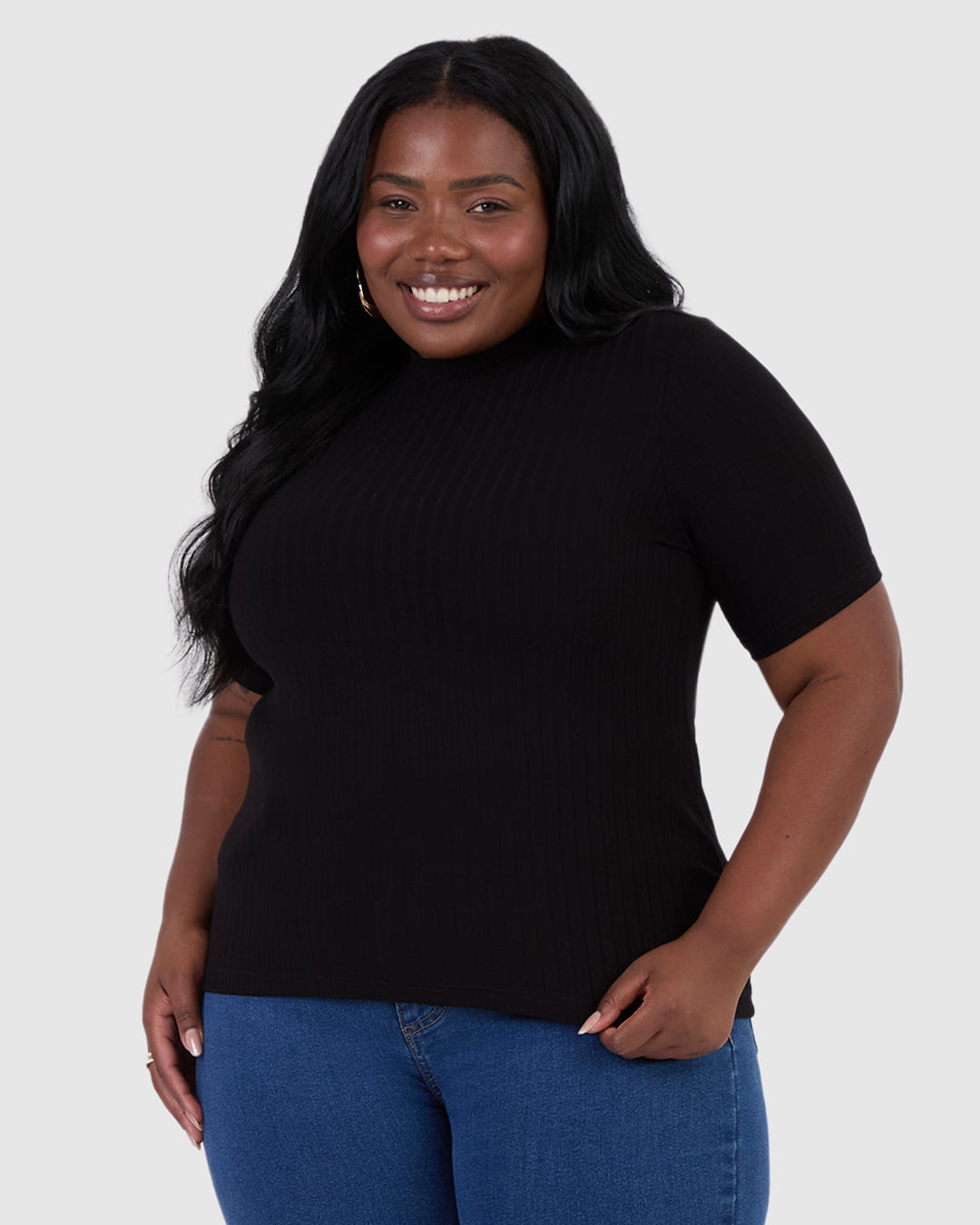 Blusa Feminina Plus Size Gola Alta em Viscose Canelada