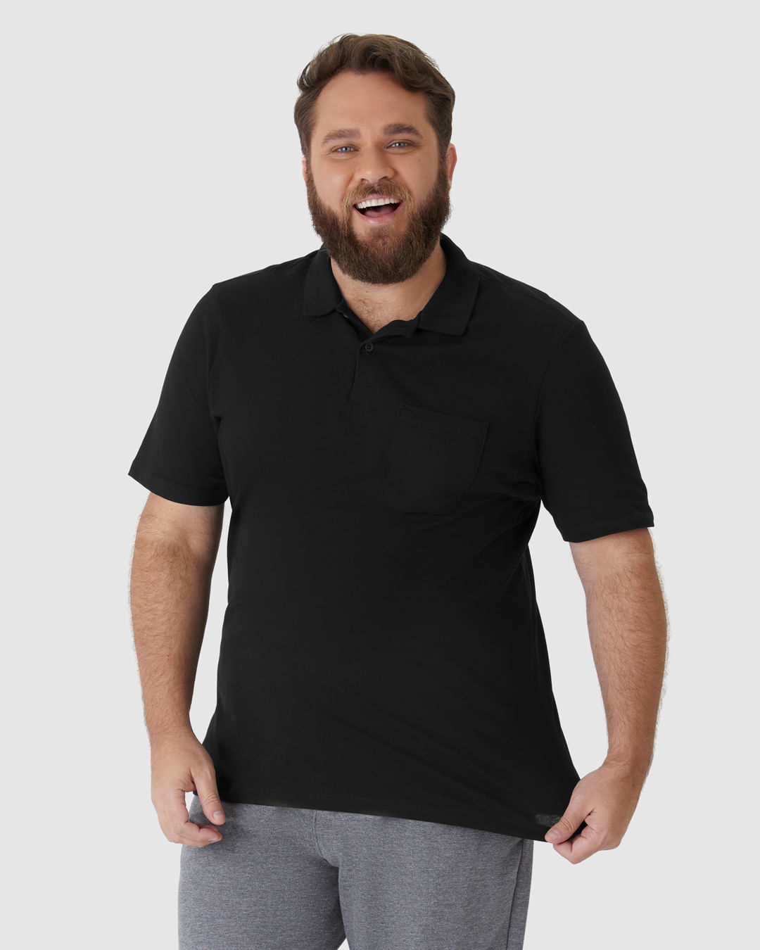 Camisa Polo Básica Masculina Plus Size Bolso Frontal Em Piquet Stretch