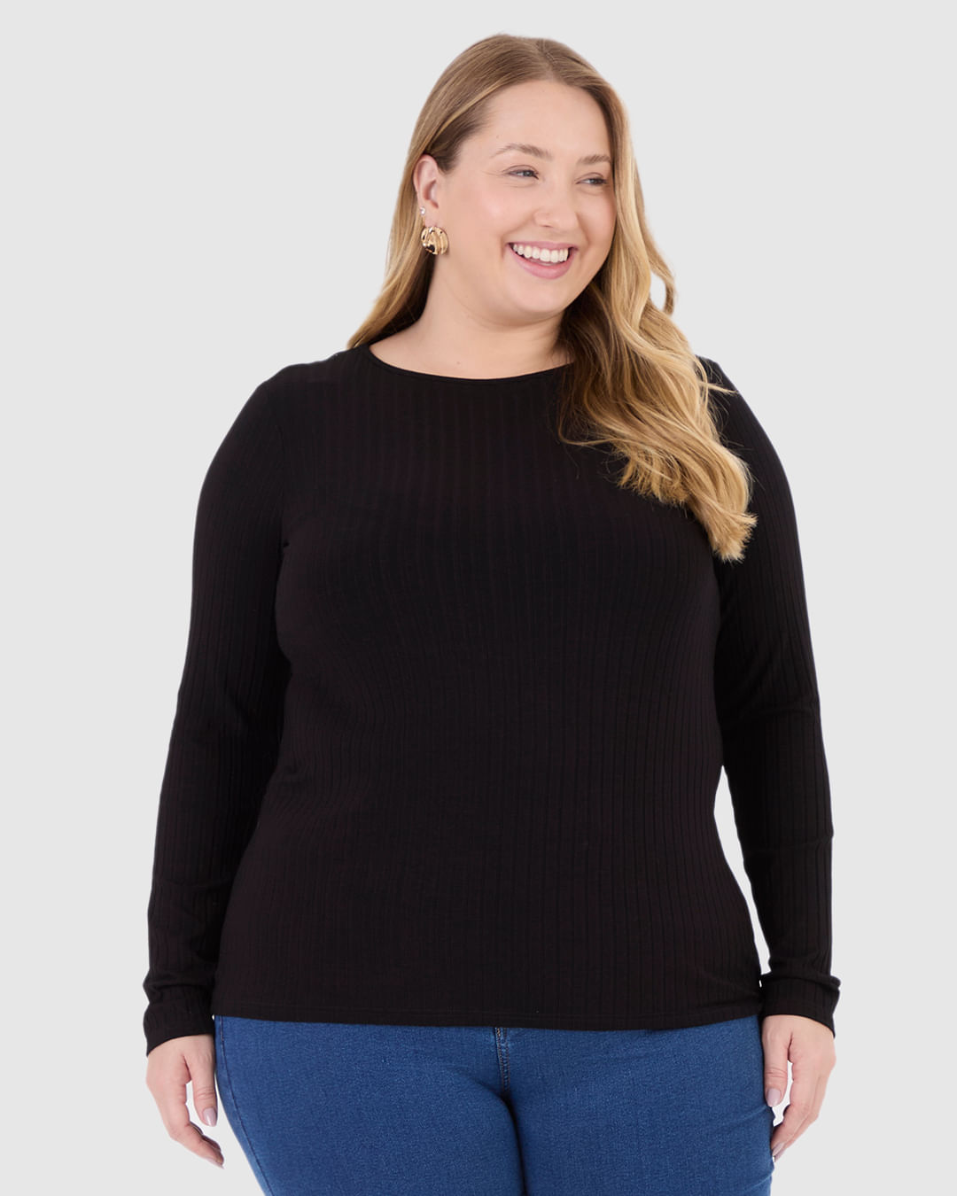 Blusa Básica Feminina Plus Size Manga Longa Em Canelado De Viscose - Imagem 11