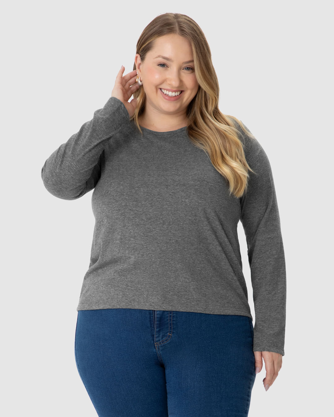 Blusa Básica Feminina Plus Size Manga Longa Em Algodão - Imagem 11