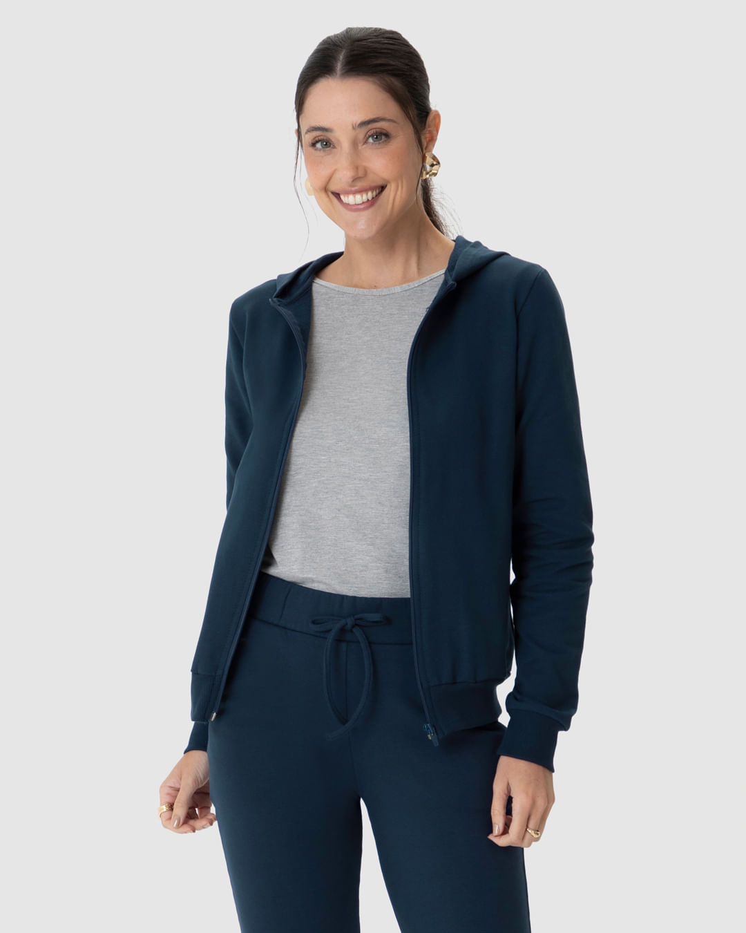 Jaqueta Básica Feminina Com Capuz Moletom Stretch Flanelado