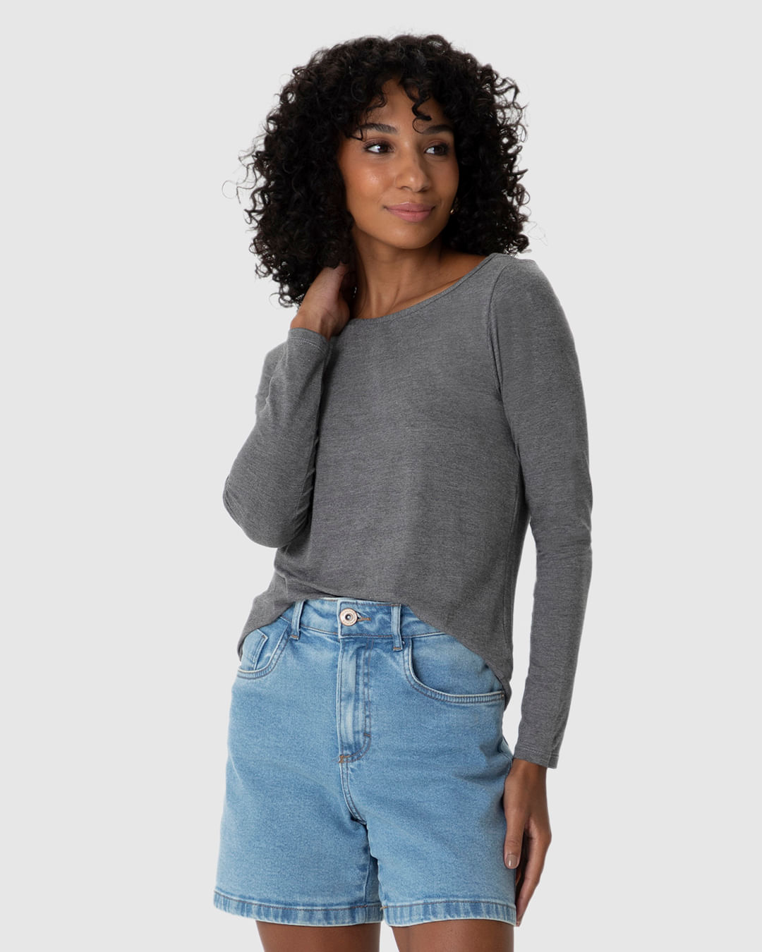Blusa Básica Feminina Manga Longa Decote Canoa Em Viscose Stretch