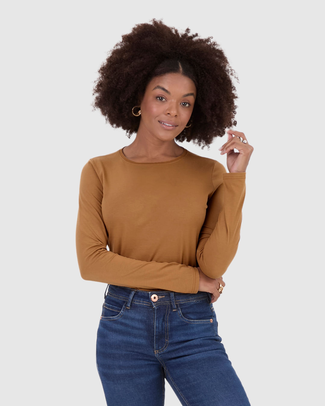 Blusa Básica Feminina Decote Redondo Manga Longa Em Algodão