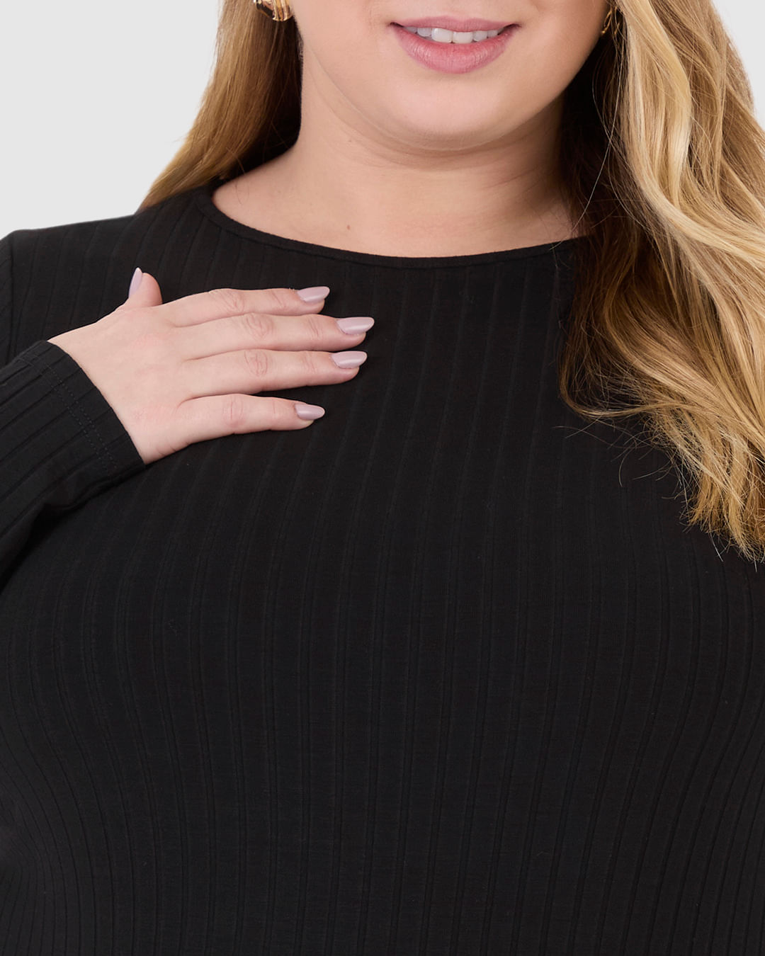 Blusa Básica Feminina Plus Size Manga Longa Em Canelado De Viscose - Imagem 3