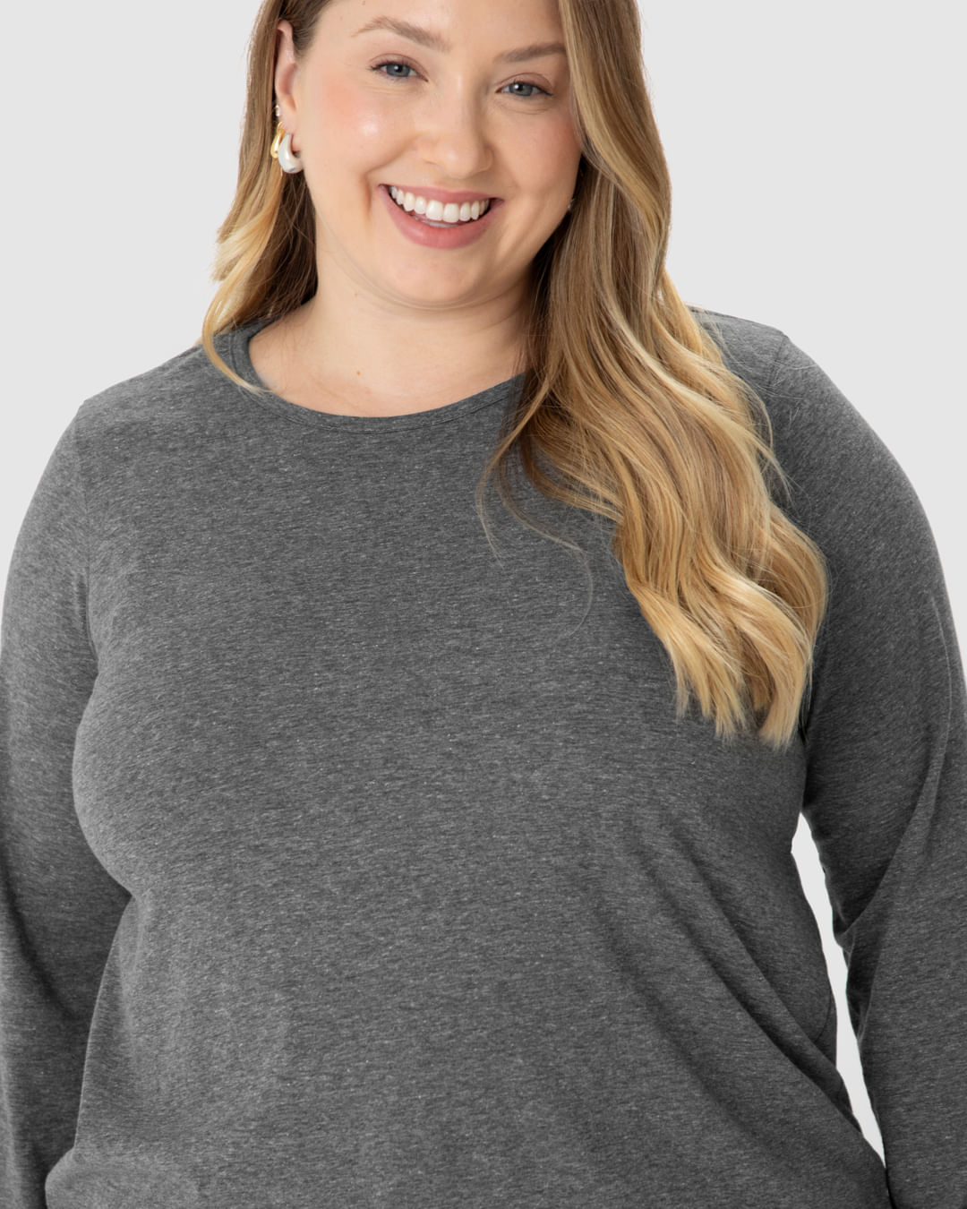 Blusa Básica Feminina Plus Size Manga Longa Em Algodão - Imagem 8