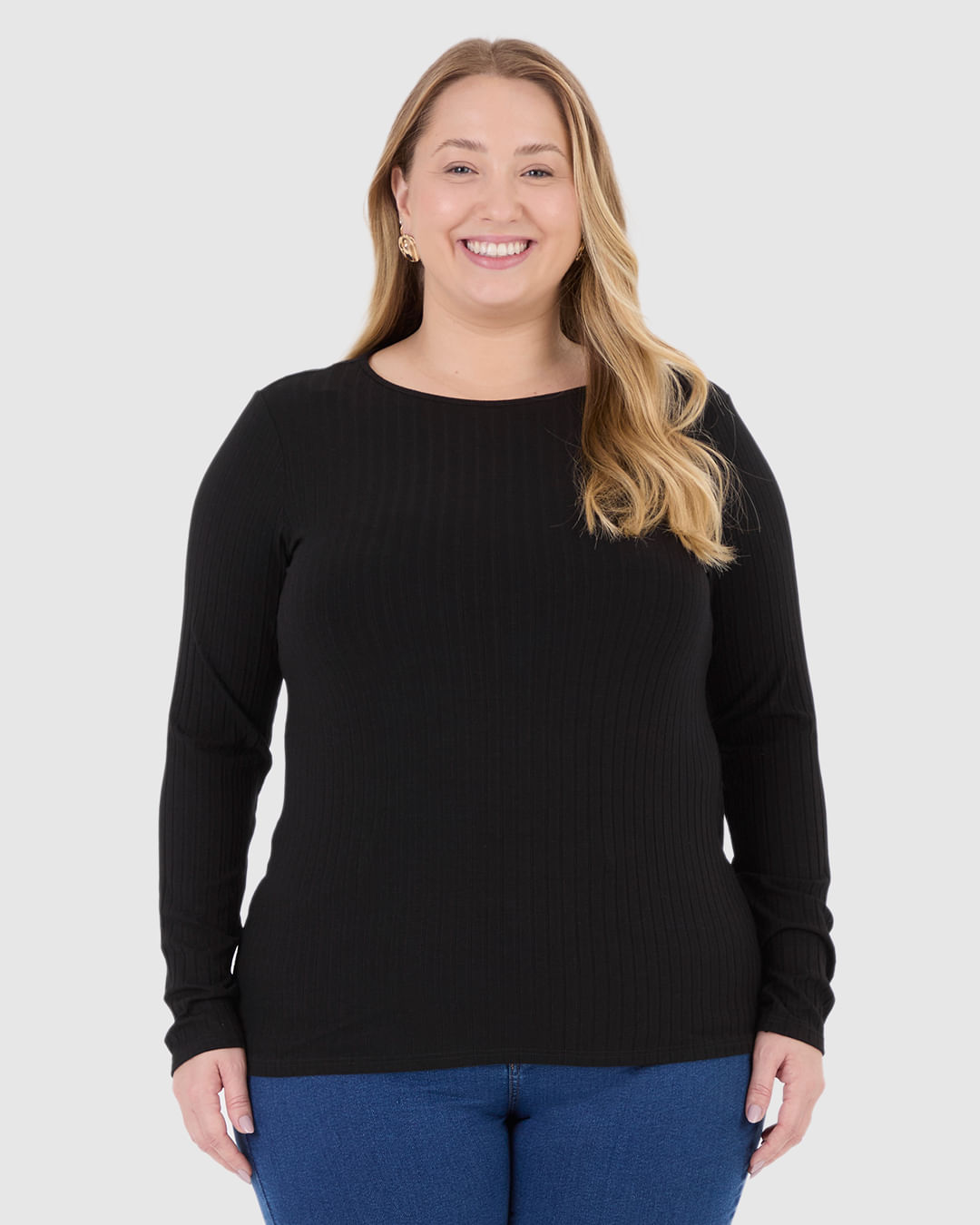 Blusa Básica Feminina Plus Size Manga Longa Em Canelado De Viscose - Imagem 4