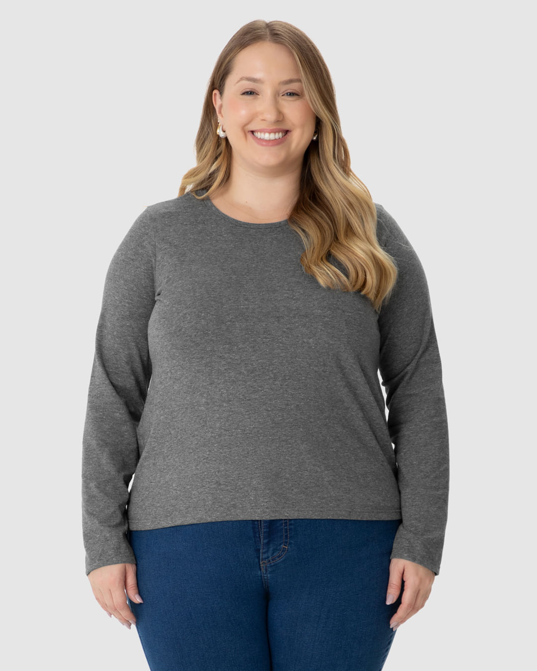 Blusa Básica Feminina Plus Size Manga Longa Em Algodão - Imagem 19