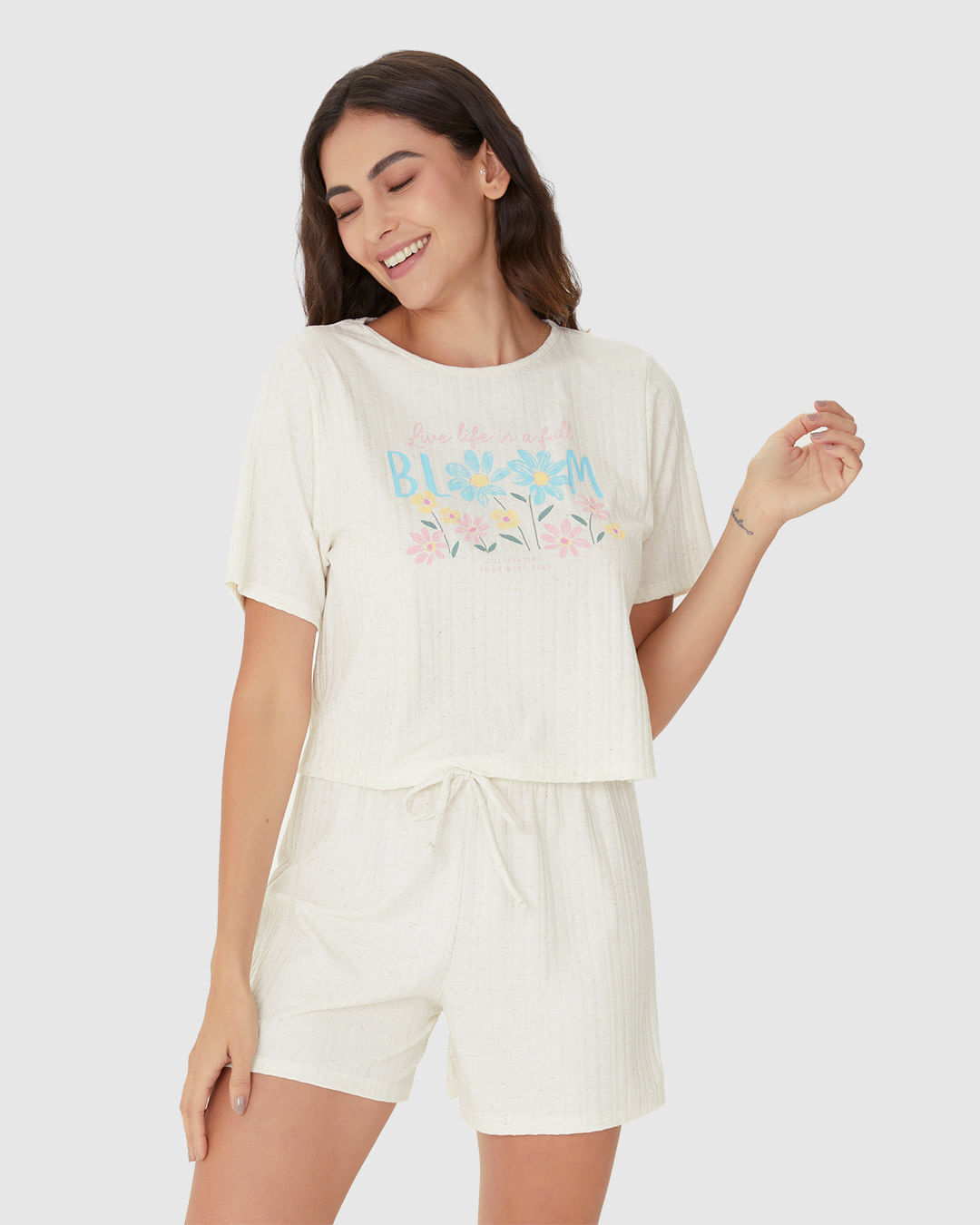 Pijama Feminino Blusa Estampa Frontal Em Malha Linho Canelada - Imagem 16