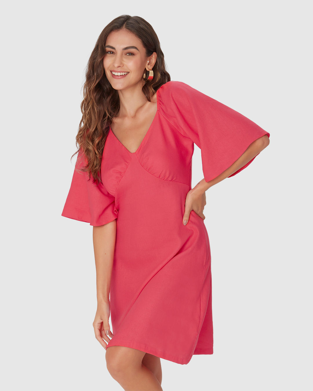 Vestido Feminino Evasê Decote V Manga Curta Em Viscolinho - Imagem 11