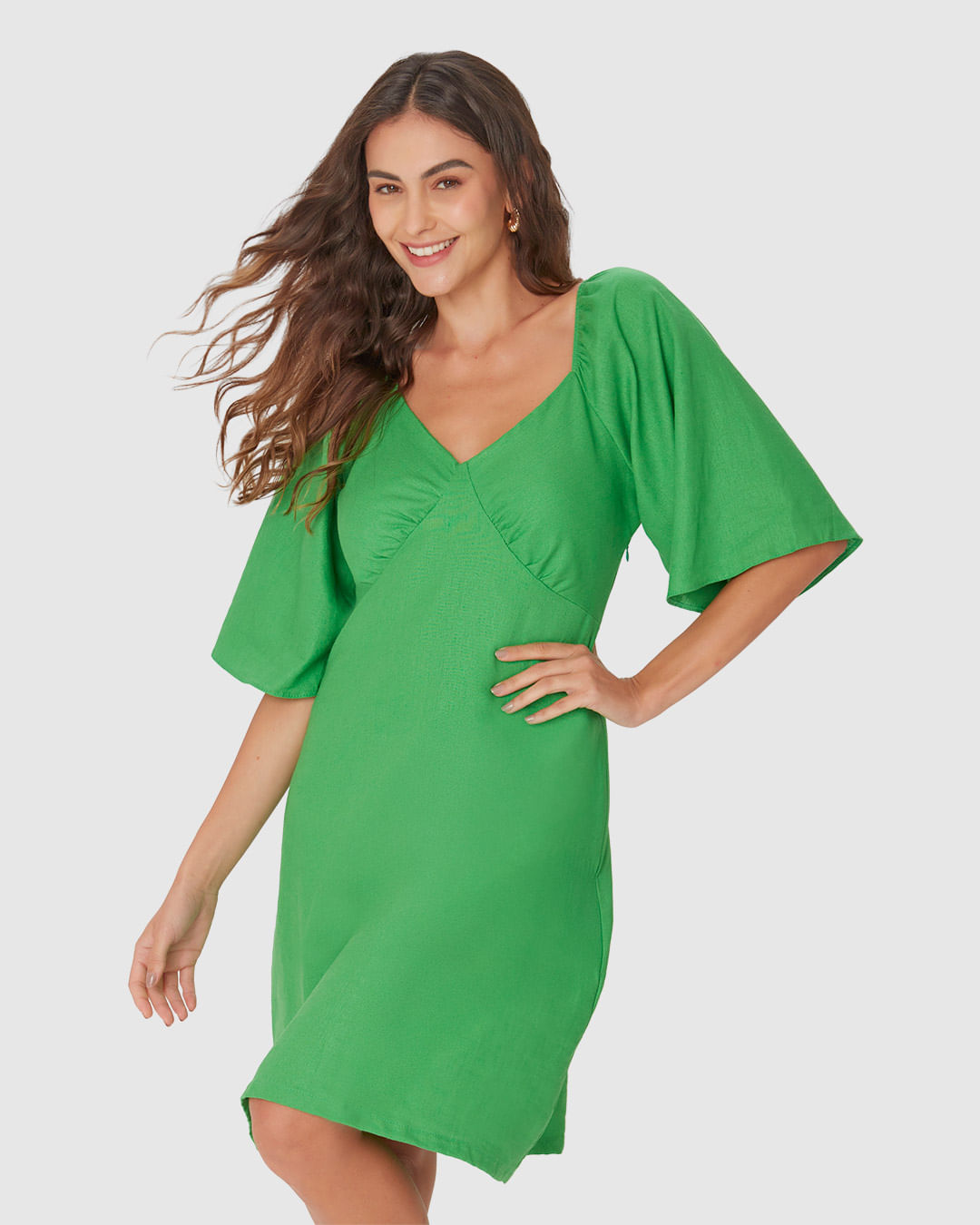 Vestido Feminino Evasê Decote V Manga Curta Em Viscolinho - Imagem 16
