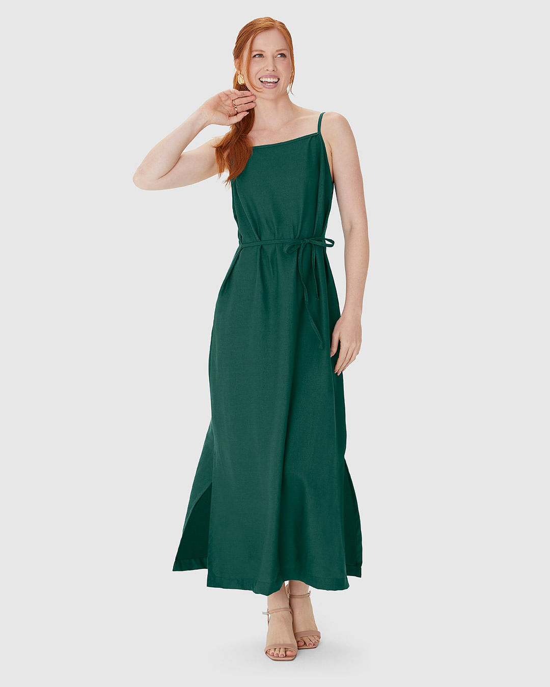 Vestido Midi Feminino Decote Reto E Fenda Lateral Em Viscolinho - Imagem 11