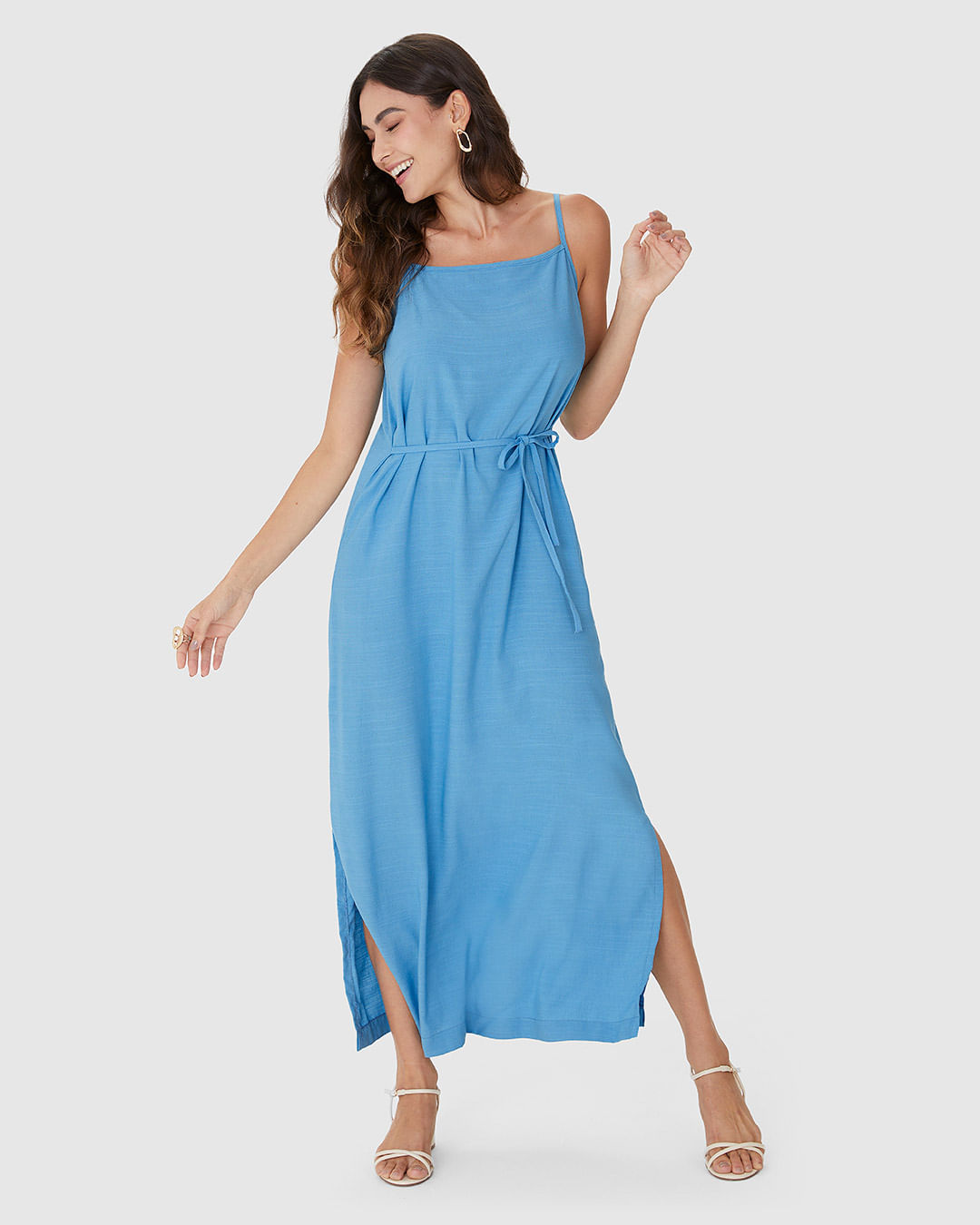 Vestido Midi Feminino Decote Reto E Fenda Lateral Em Viscolinho