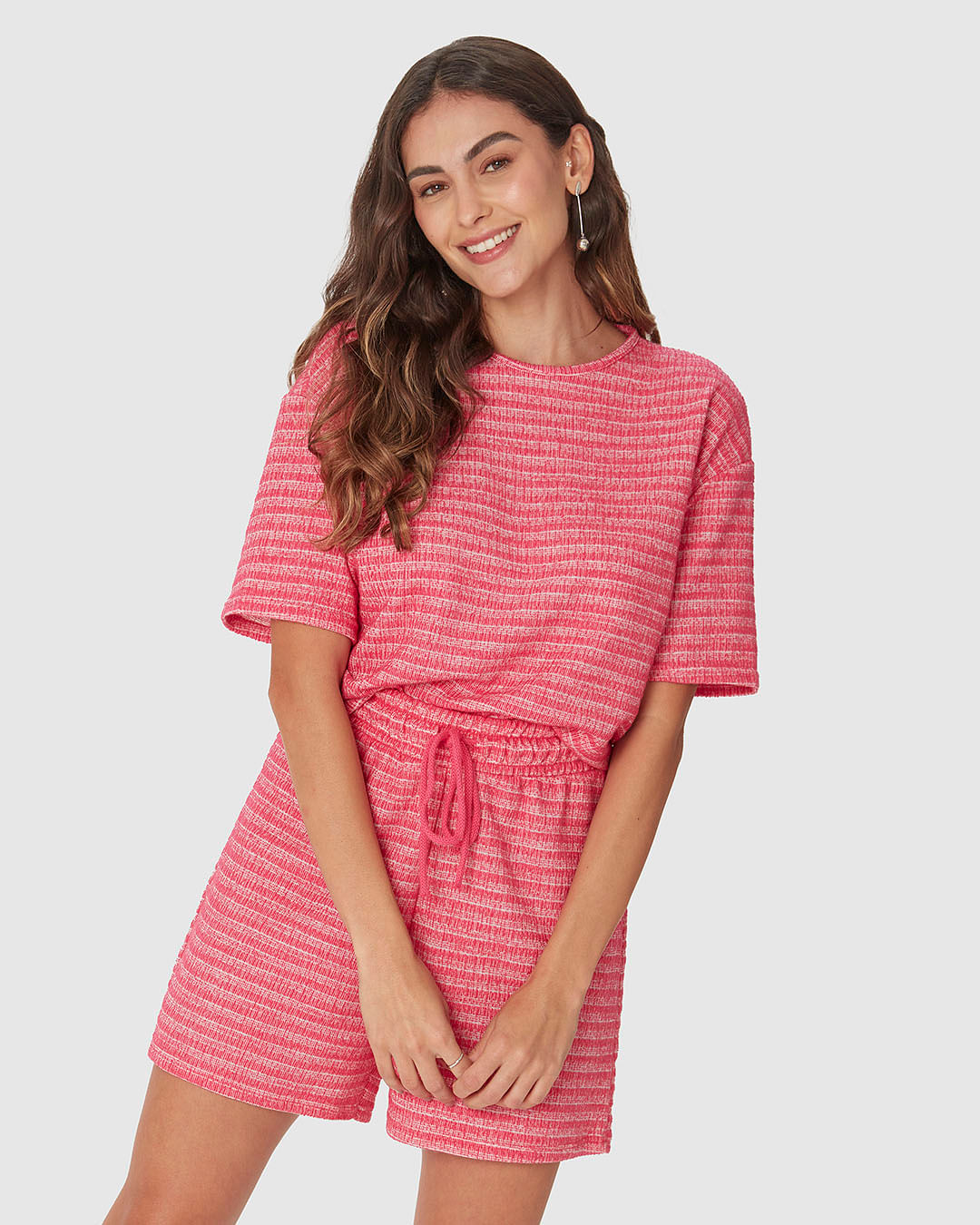 Blusa Ampla Feminina Manga Curta Em Malha Tweed E Moletinho