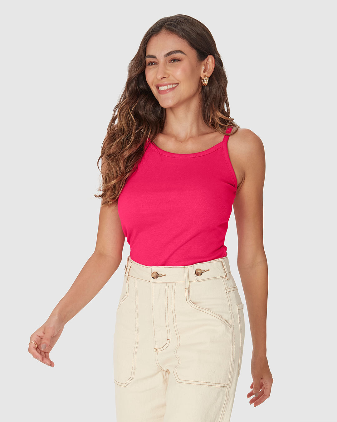 Regata Feminina Decote Redondo Alça Fina Em Algodão