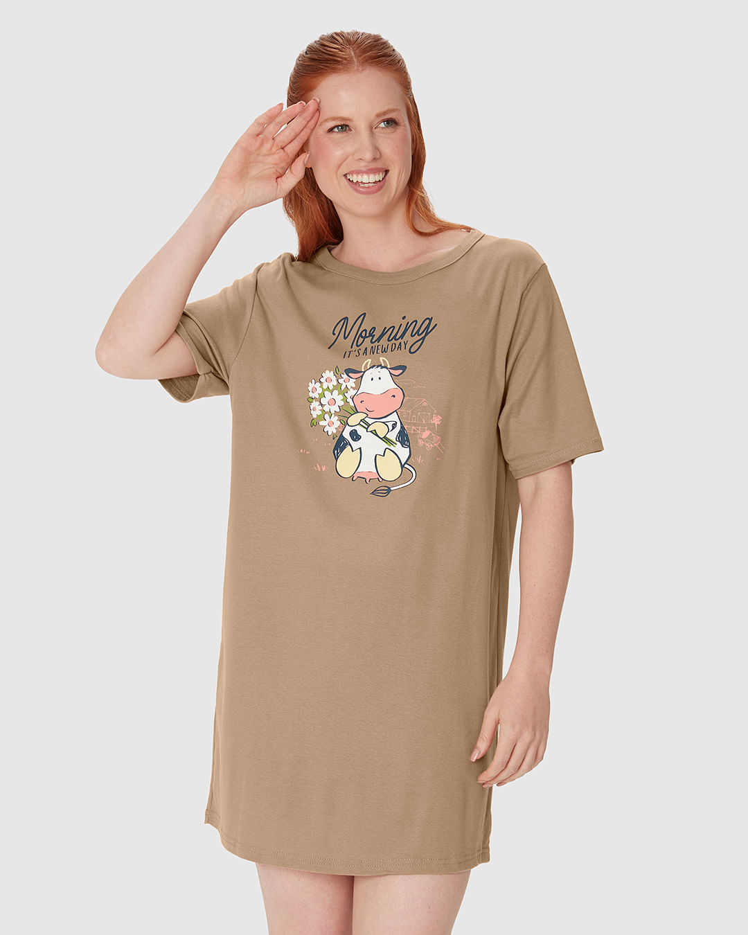 Camisola Feminina Manga Curta Estampa Frontal Em Algodão