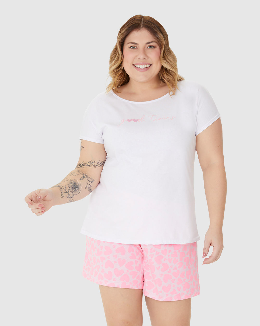 Pijama Feminino Plus Size Blusa Manga Curta E Shorts Em Algodão - Imagem 6