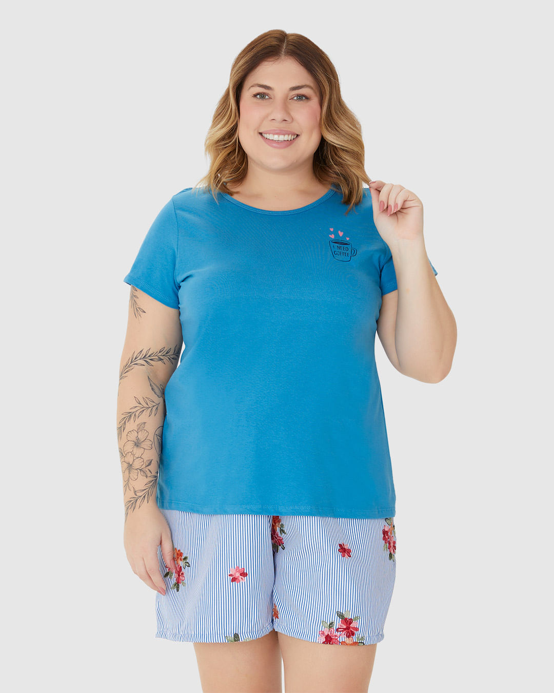 Pijama Feminino Plus Size Blusa Manga Curta Em Algodão