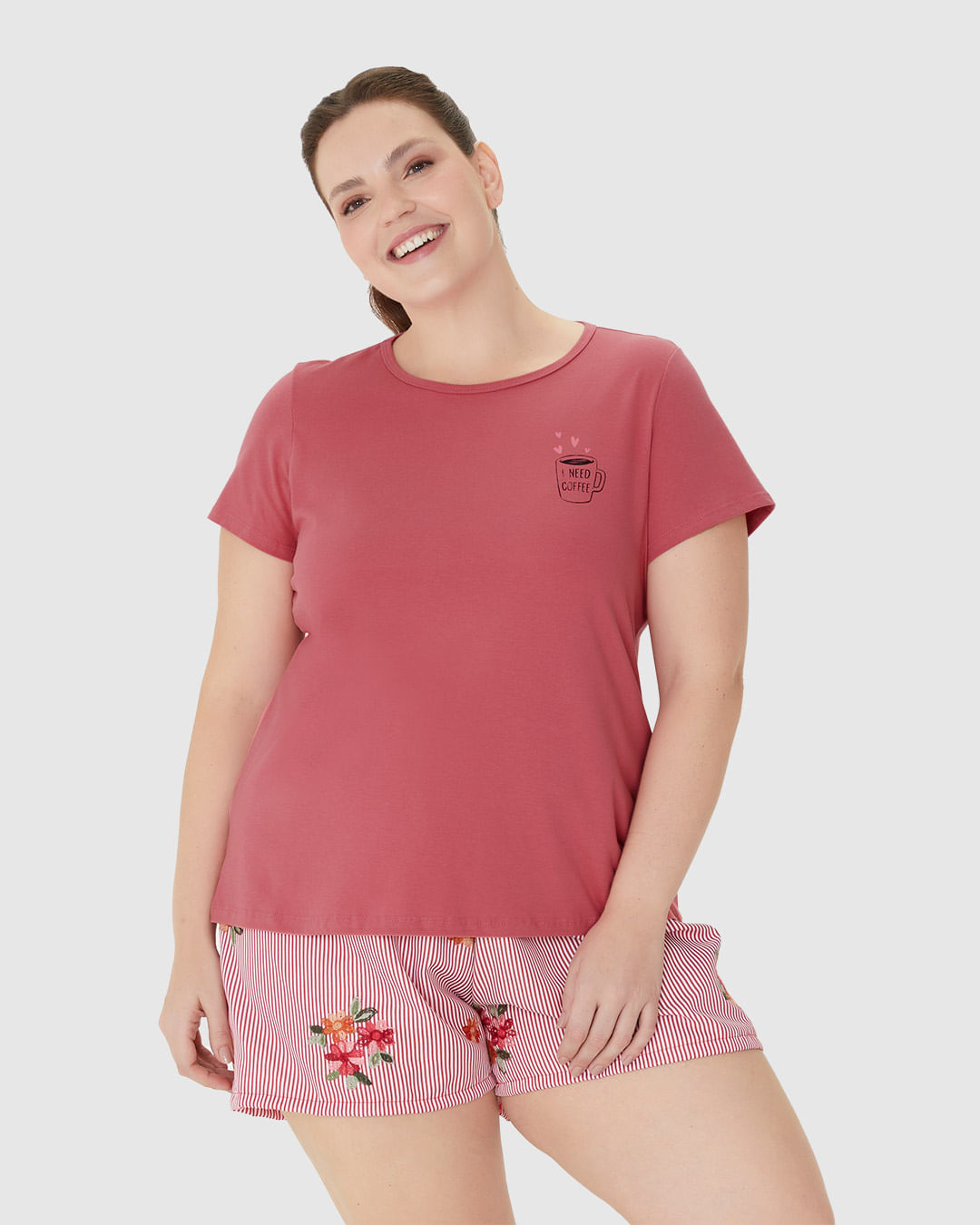 Pijama Feminino Plus Size Blusa Manga Curta Em Algodão