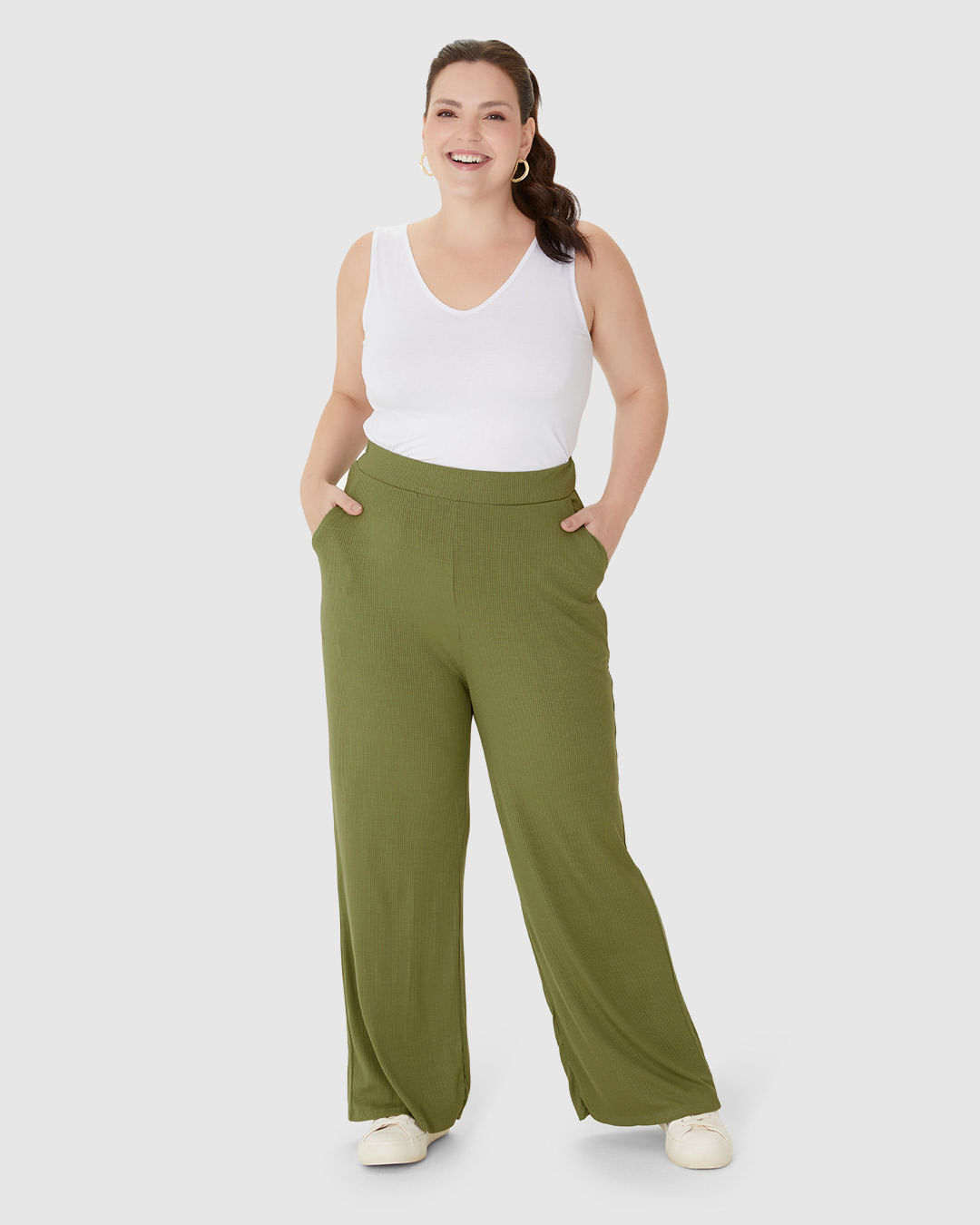 Calça Wide Leg Feminina Plus Size Em Malha Viscose Canelada - Imagem 21