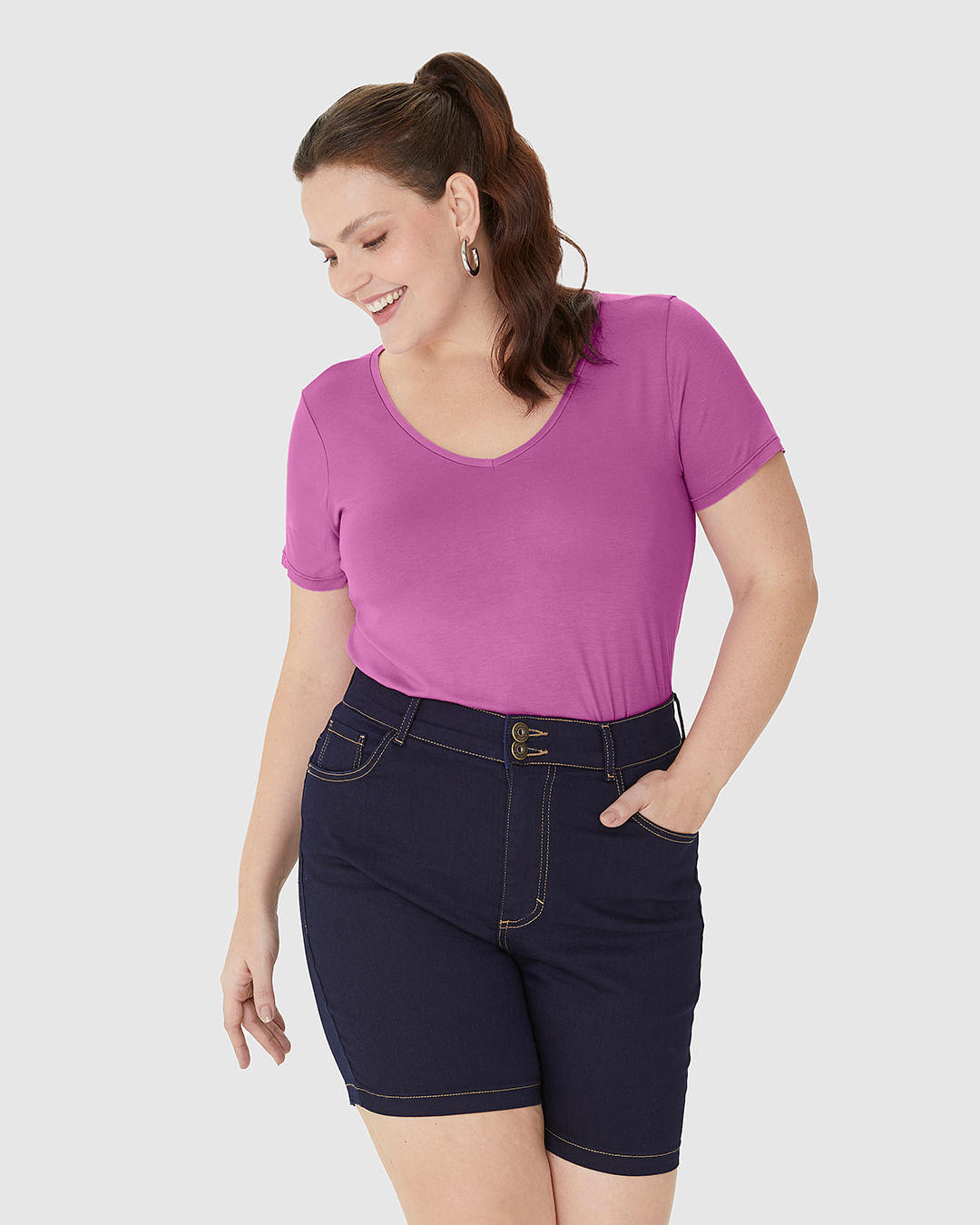 Blusa Feminina Plus Size Decote V Barra Mullet Em Viscose Stretch